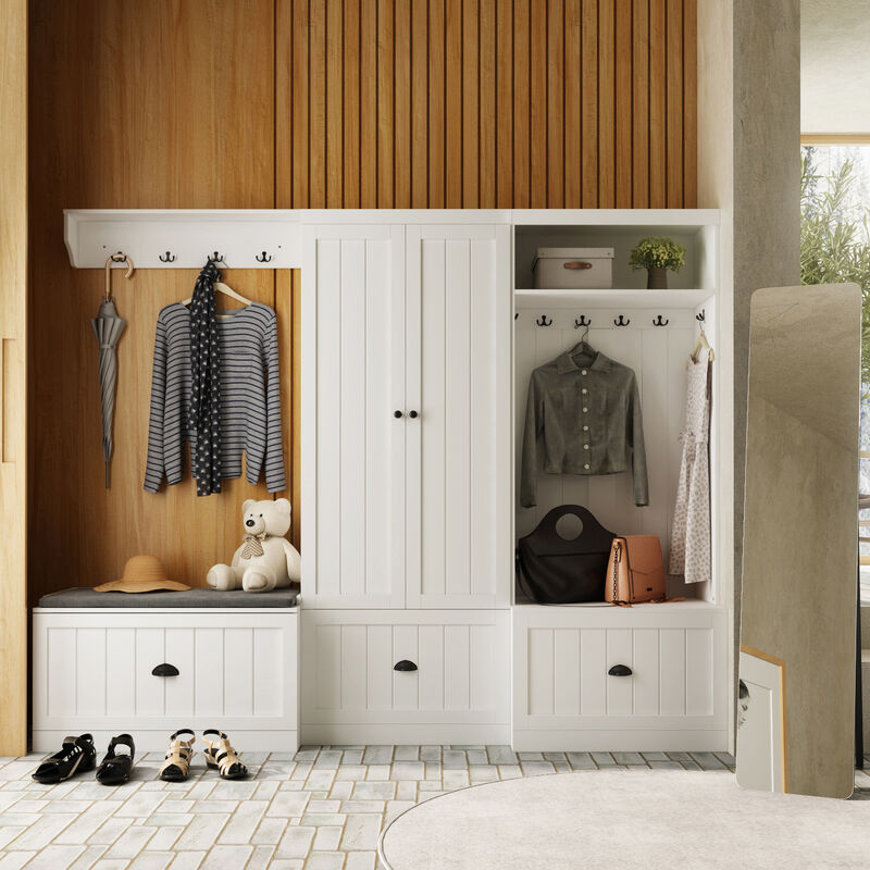 FUFU&GAGA White Storage Combo, Shoe Bench with Soft Seat, Hidden Wardrobe & Open Coat Rack - Textured Finish, Black Handles (86.8 in. W x 17.7 in. D x 70.9 in. H) image number 1