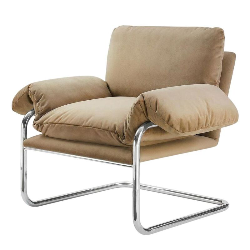 Performance Velvet Upholstered Accent Chair with Wide Arms, Taupe image number 1