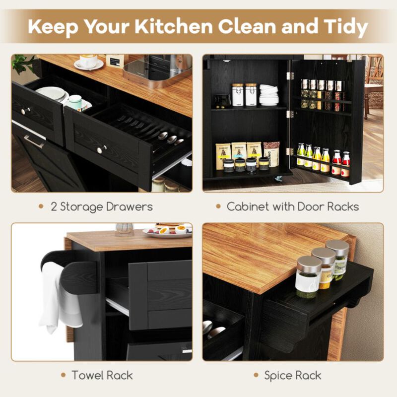 Hivvago Rolling Kitchen Island with Trash Can Cabinet and Rubber Universal Wheels