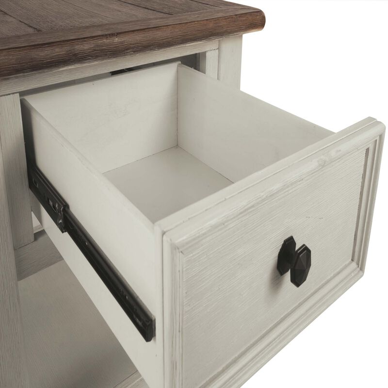 Chair Side End Table with 1 Cabinet and Pull Out Tray, White and Brown-Benzara