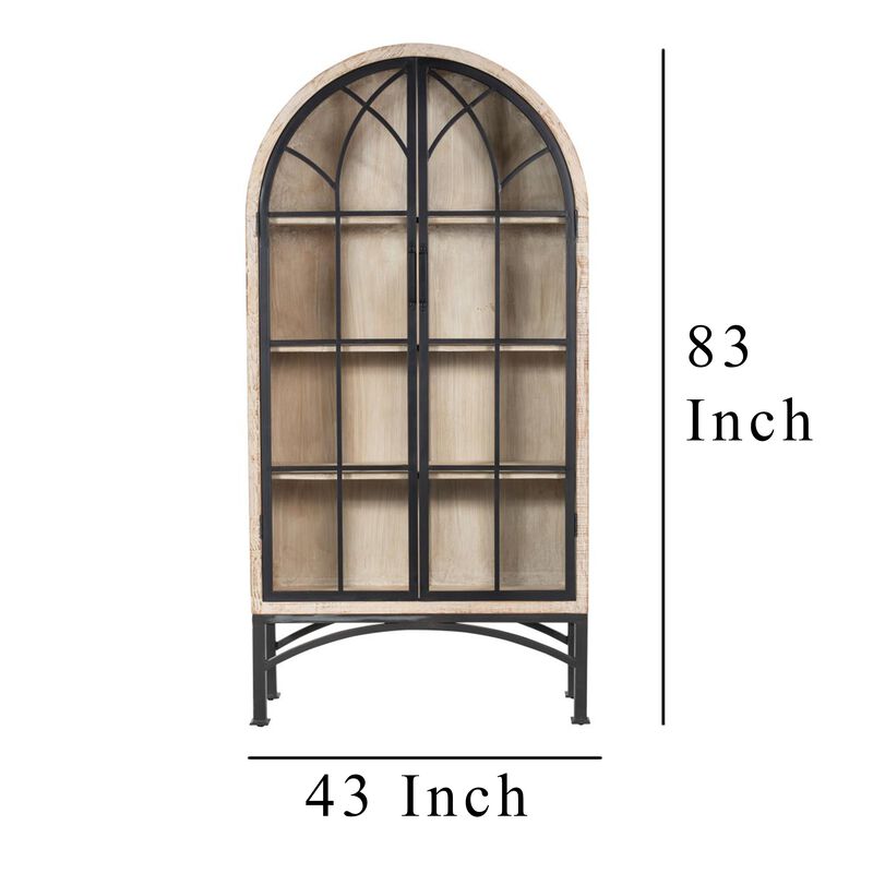 Veria China Cabinet, 2 Glass Door Arch Frame, Whitewash Wood, 83 Inch - Benzara