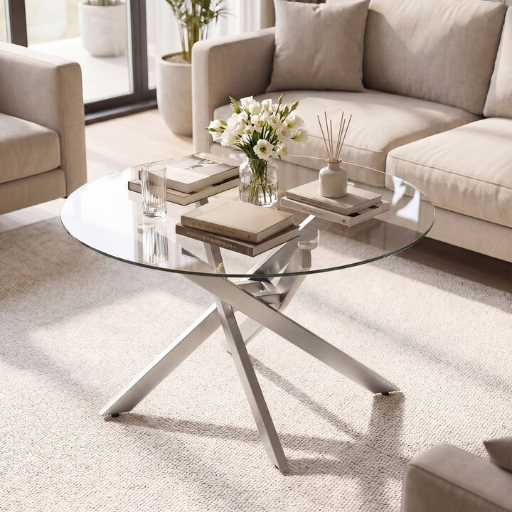 Circular Glass Coffee Table with Tempered Glass Top for Home Office Living Room