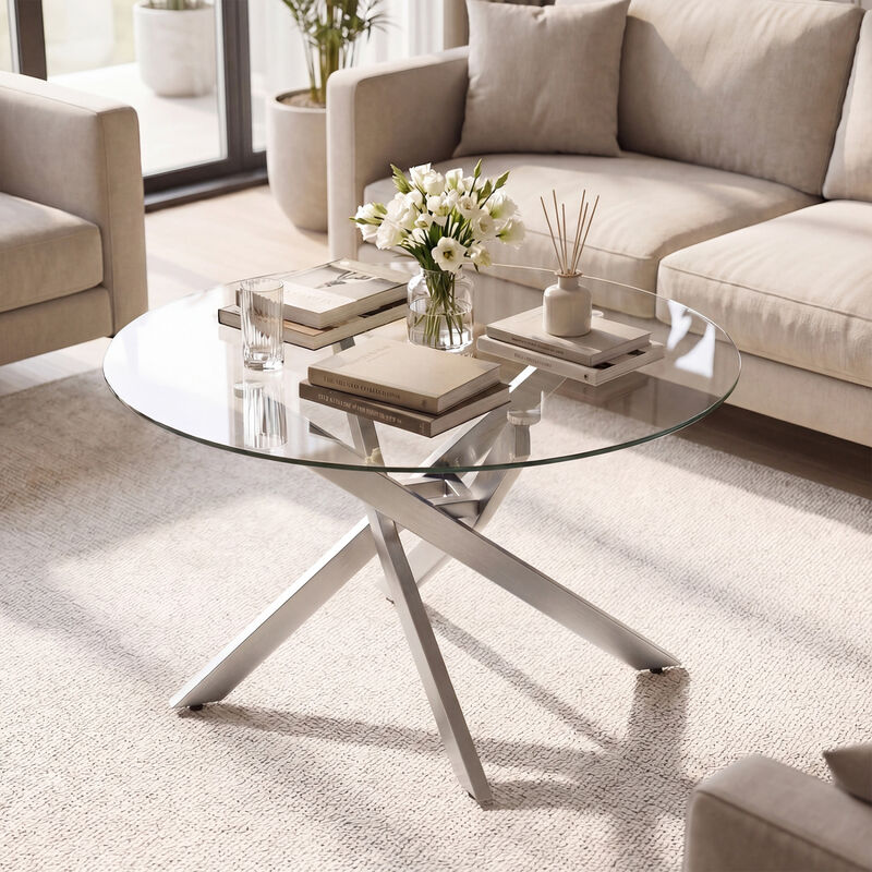 Circular Glass Coffee Table with Tempered Glass Top for Home Office Living Room image number 1