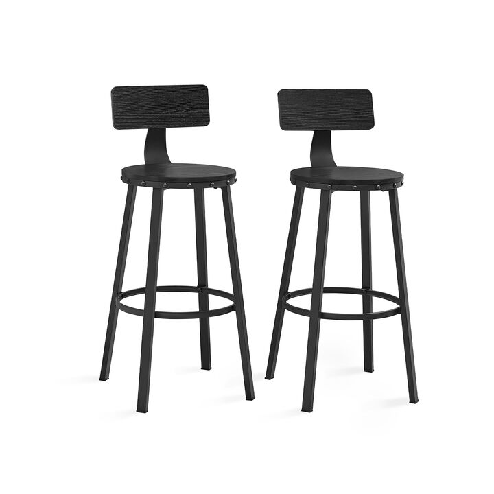Set of 2 Tall Bar Stools with Backrest &ndash; Heavy-Duty Steel Frame for Kitchen
