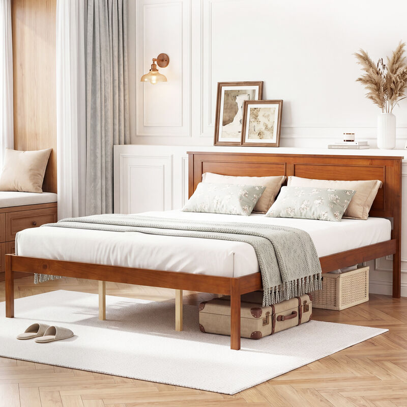 Farmhouse Wood Bed Frame with Headboard and Platform Design for Bedroom-Walnut image number 3