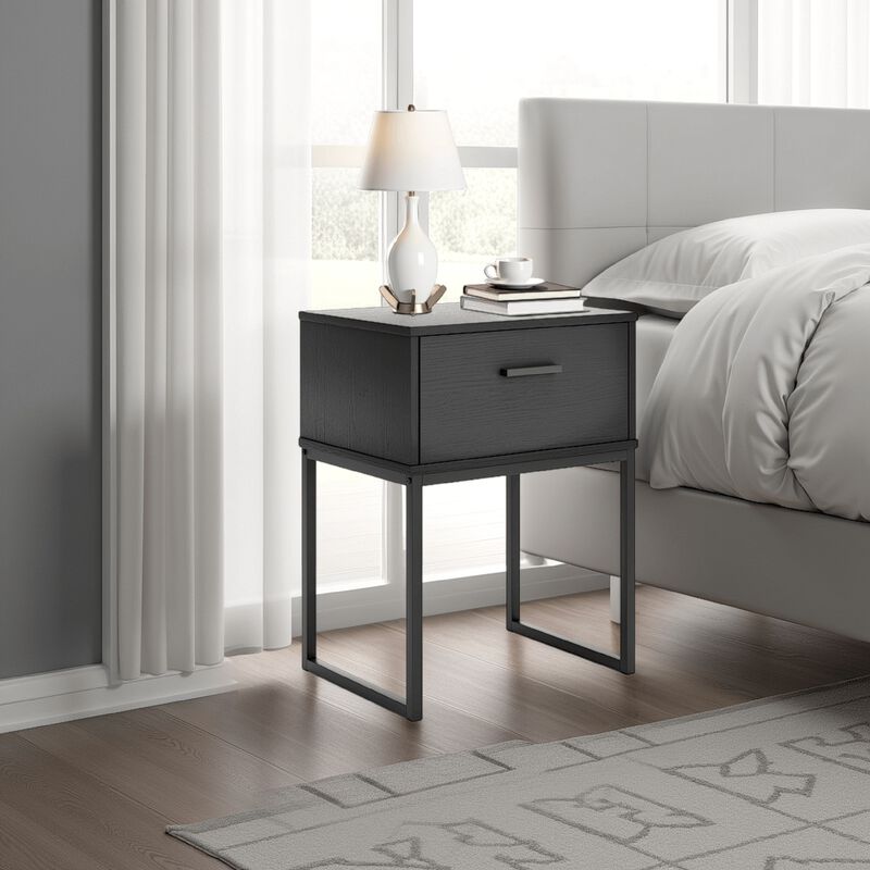 Alli Nightstand, 1 Drawer, Matte Black Wood, Metal Base, 26 Inch - Benzara