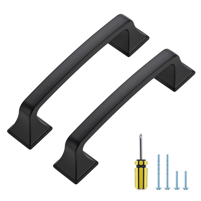 5 Pack Kitchen Cabinet Handles 3-3/4 Inch Hole Center Black Cabinet Pulls Solid Suqare Foot Drawer Pulls for Kitchen Cabinet Doo