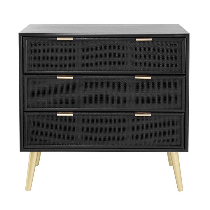 31 Inch Dresser Chest Cabinet, 3 Drawers, Woven Rattan, Modern, Black, Gold-Benzara