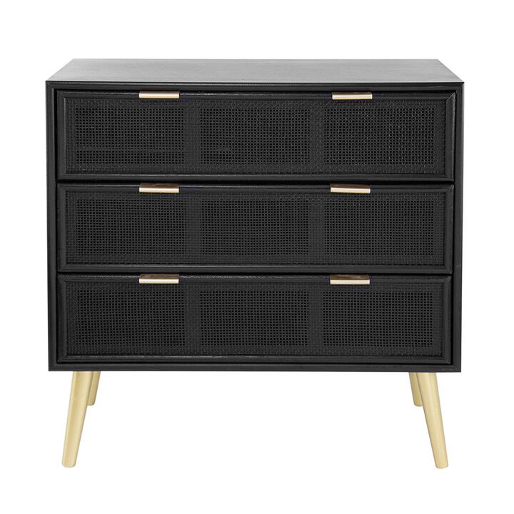 31 Inch Dresser Chest Cabinet, 3 Drawers, Woven Rattan, Modern, Black, Gold - Benzara