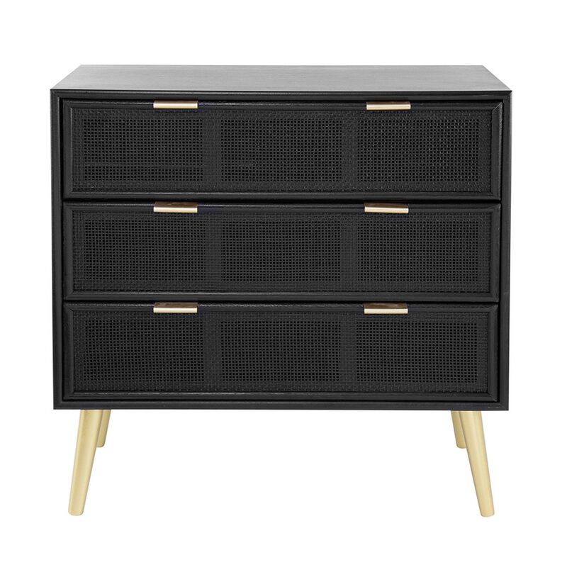 31 Inch Dresser Chest Cabinet, 3 Drawers, Woven Rattan, Modern, Black, Gold - Benzara