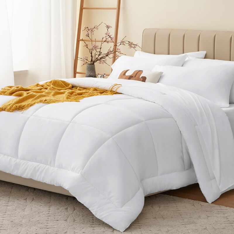 CozyLux Queen Comforter Set - 7 Pieces Bed in a Bag Set White, Bedding Sets Queen with All Season Quilted Comforter, Flat Sheet,