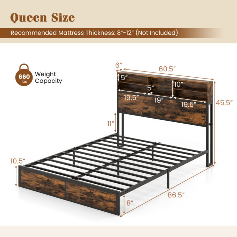 Queen size Platform Bed with Metal Frame and Built-In Headboard Storage image number 2