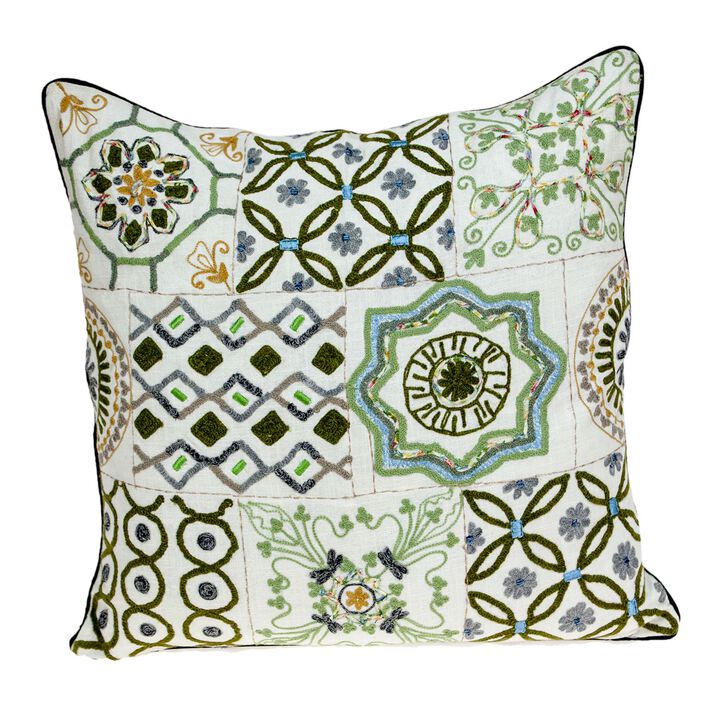 22" White and Green Cotton Tapestry Square Throw Pillow