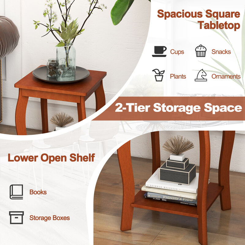 Set of 2 15 Inch 2-Tier Square End Table with Storage Shelf - Walnut