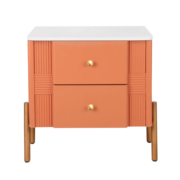 Gold Accent Nightstand with Fluted Front & 2 Storage Drawers, Easy to Assemble End Table for Living Room