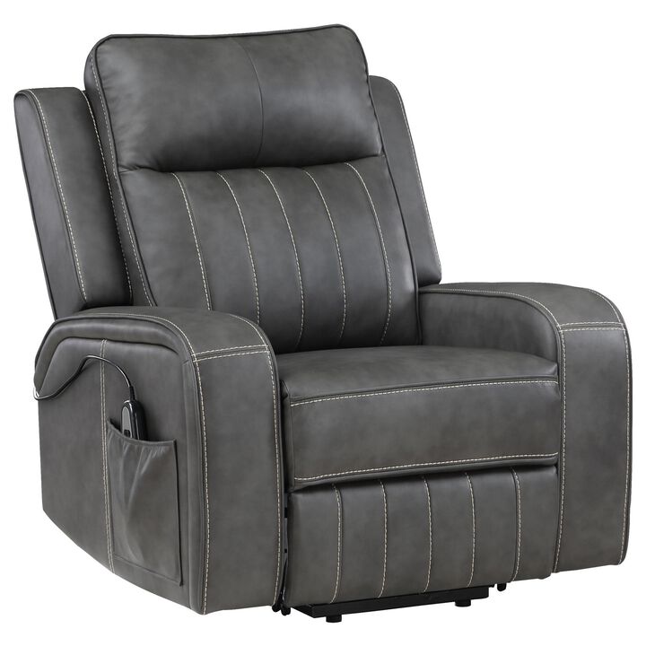 Josen Power Recliner Chair, 36 Inch Gray Faux Leather, Track Armrests - Benzara