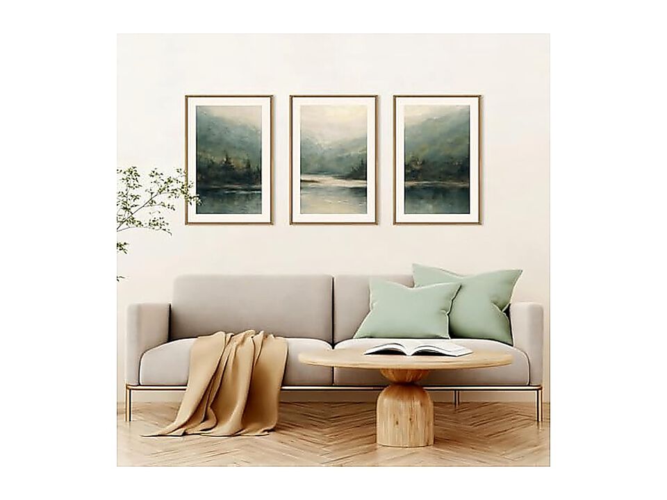 Large Watercolor Green Forest Mountain Framed Canvas Wall Art Set Abstract Pine