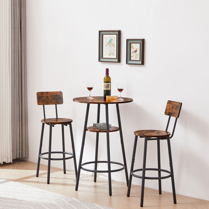 Round Barstool set with shelves, stool with backrest Rustic Brown, 23.6" Dia x 35.4" H