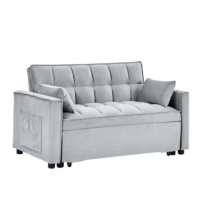Sleeper Sofa Couch w/Pull Out Bed, 55" Modern Velvet Convertible Sleeper Sofa Bed, Small Love seat Sofa Bed w/Pillows & Side Pockets for Small Space, Living Room, Apartment,Gray
