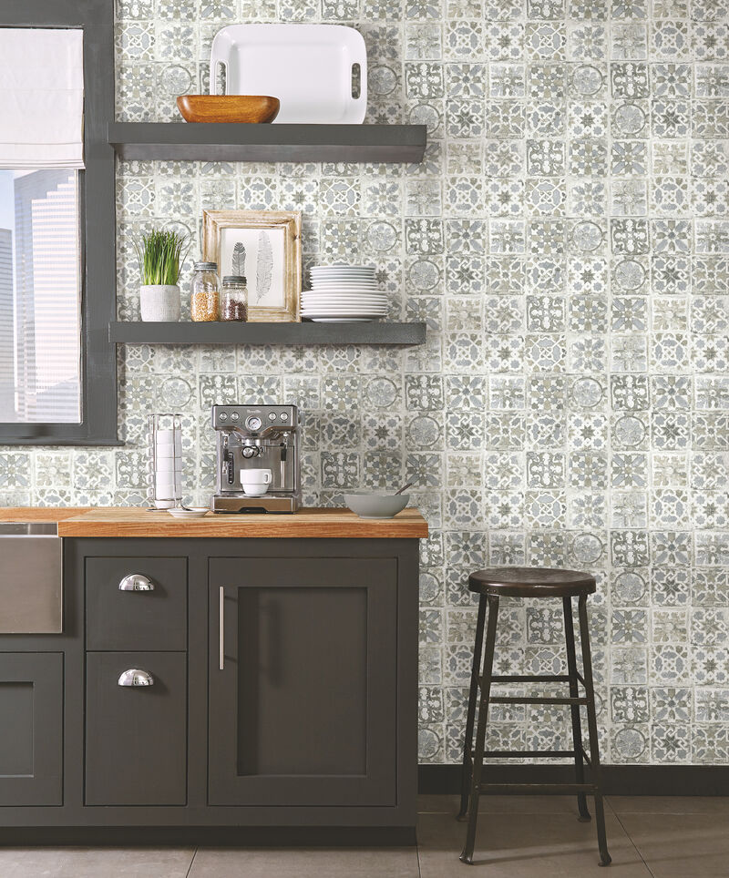Ecaustic Tile Grey Peel & Stick Wallpaper image number 1