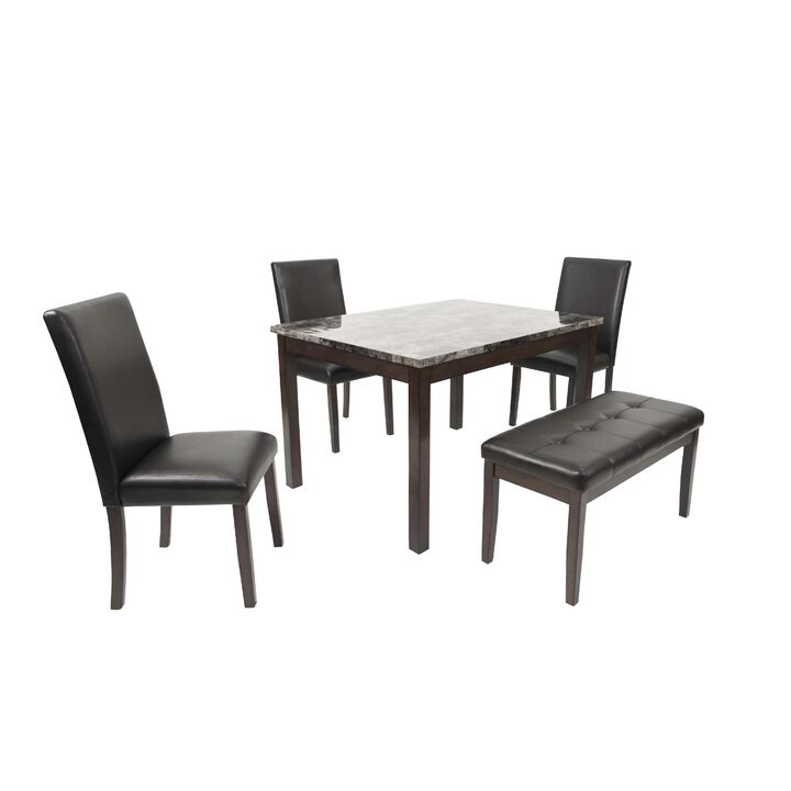 Wesley 5pc Dining Table Set, Black Faux-Leather, Faux Marble, Cherry Brown