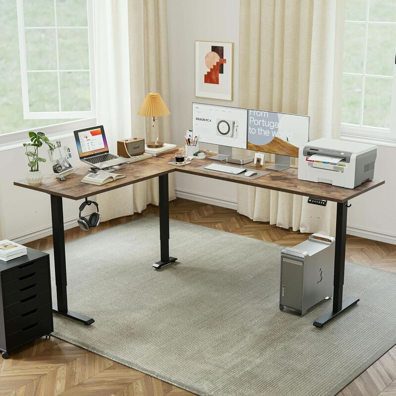 ShipItFurniture L-Shaped Electric Standing Desk 75" x 61" Rustic Brown image number 3