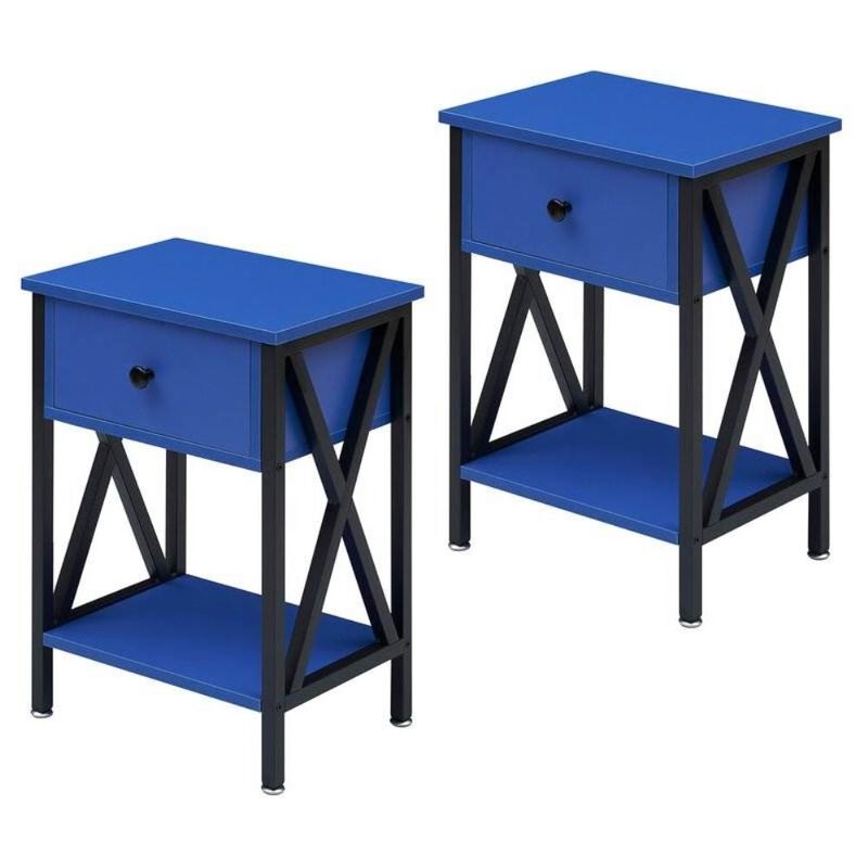 Hivvago Set of 2 - 1 Drawer Nightstand in Dark Blue and Black