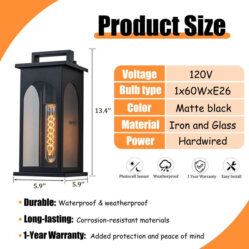 1-Light Modern 13 Inch Outdoor Wall Lantern Black Exterior Sconce with Clear Tempered Glass & Dusk-to-Dawn Sensor for Front Door Porch Light image number 5