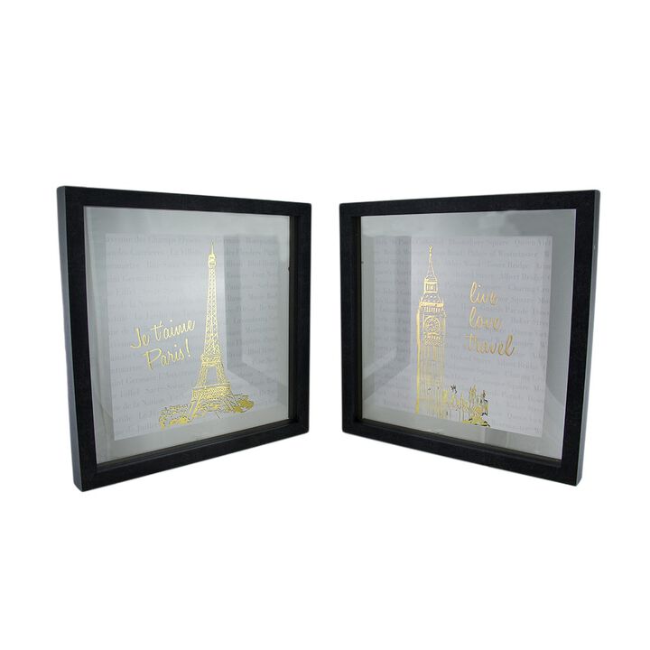 2 PC Live Love Travel Foiled Eiffel Tower Big Ben Wall Hanging Set