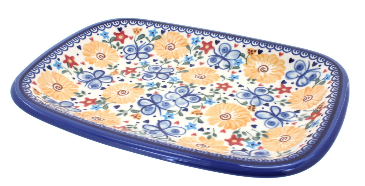 Blue Rose Polish Pottery Garden Butterfly Medium Rectangular Serving Platter