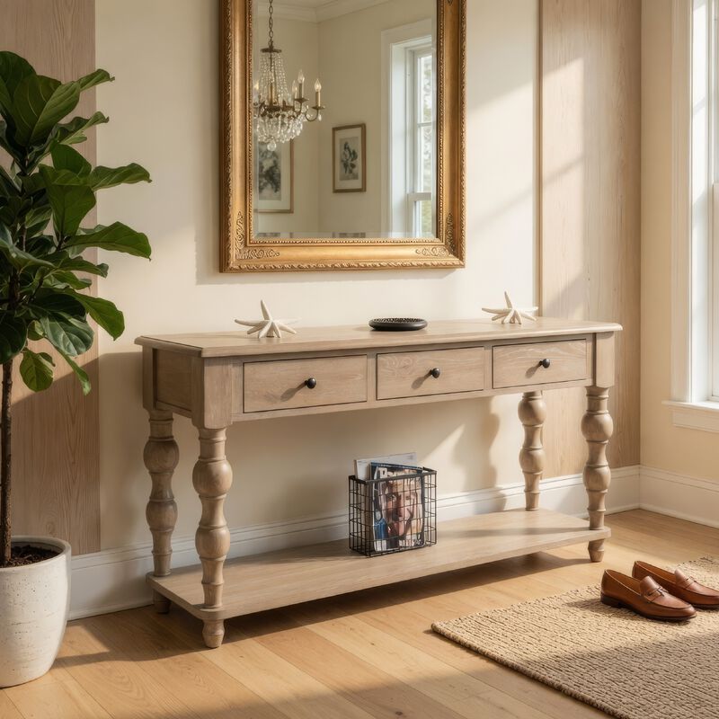 Cherie Sofa Table, 3 Drawers, Shelf, Light White Washed Wood, 64 Inch image number 6