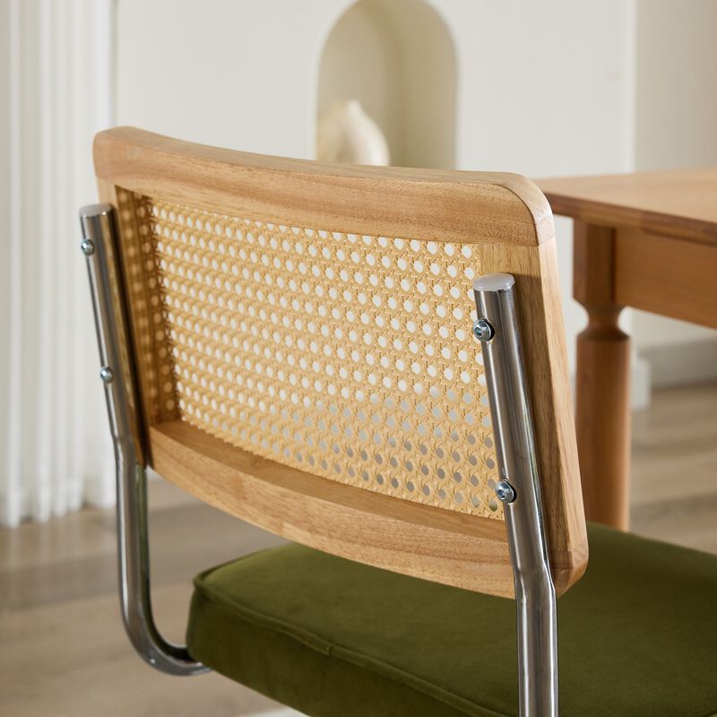 Whisen 2-Piece Mid Century Dining Chairs, Velvet Upholstered with Cane Back & Chrome Base, Cantilever Design for Kitchen image number 8