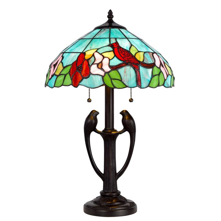 22 Inch Classic Table Lamp, Bird Art Stained Glass Shade, Antique Bronze-Benzara