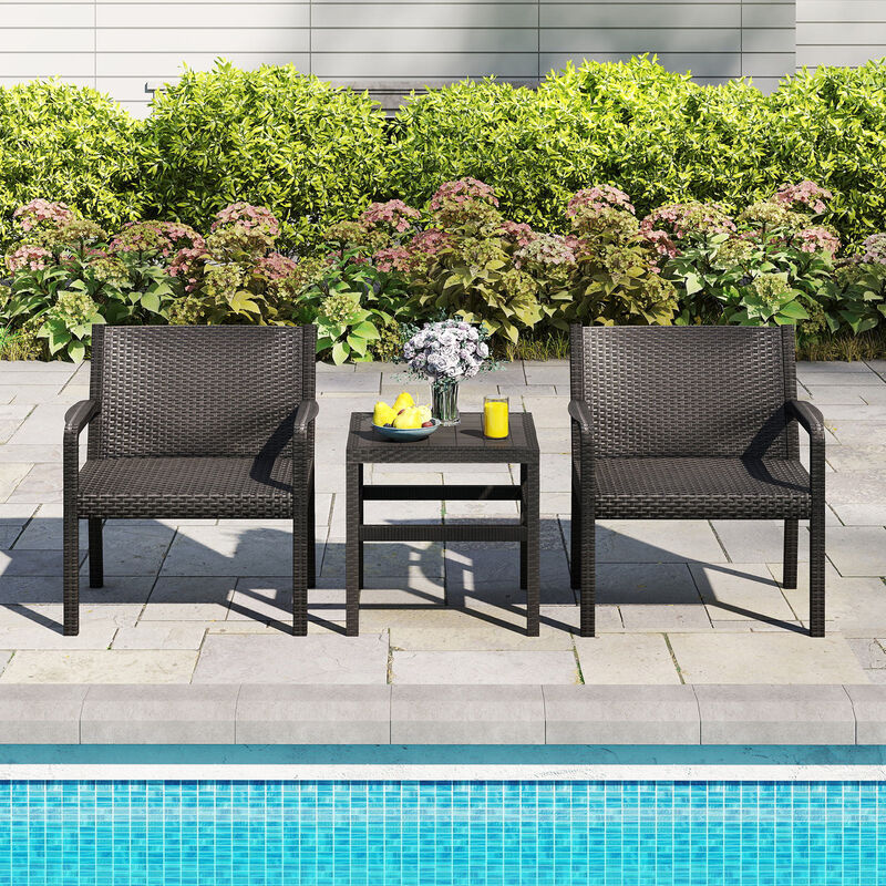 Black 3-Piece Outdoor Patio Set with 2 Rattan Armchairs and Square Side Table image number 1