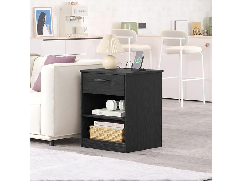 ODIKA Wooden Black Nightstand Bedside Table with Drawer