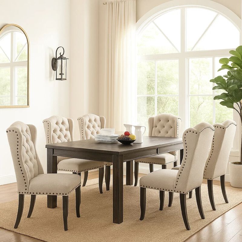 Bega 7pc Counter-Height Table Set, 6 Tufted Nailhead Chairs, Black Wood image number 6