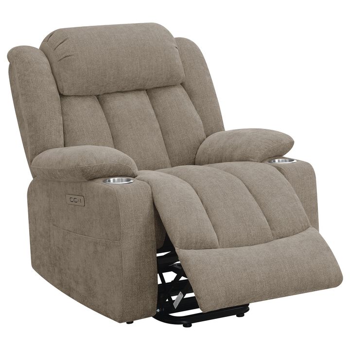 Limi Power Lift Recliner Chair, Camel Brown, USB Port, Cupholders - Benzara