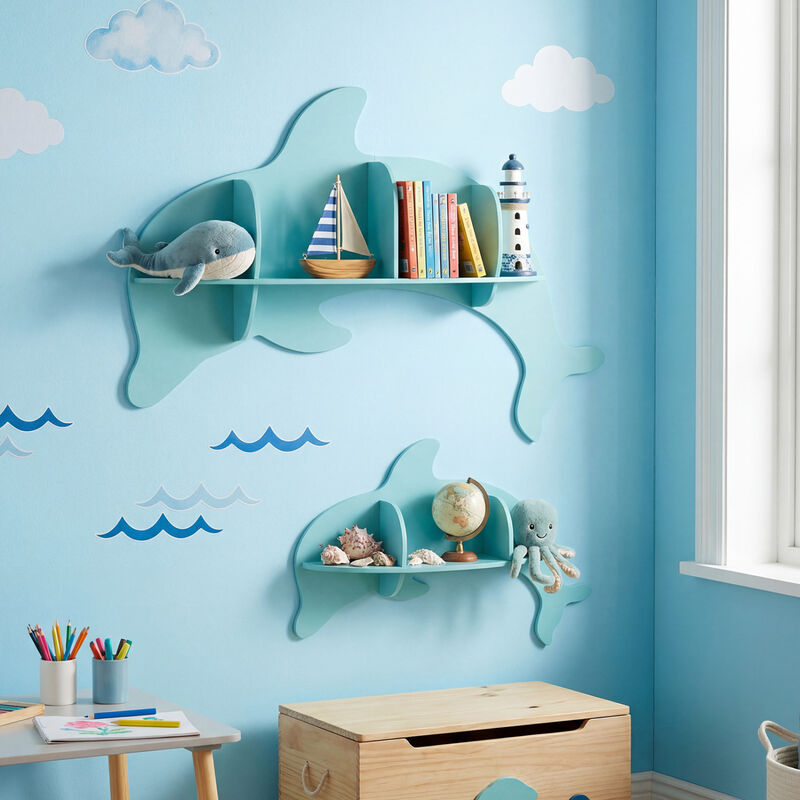 Set of 2 Wall Mounted Dolphin Shelves for Kids Room Decor and Storage-Blue image number 4