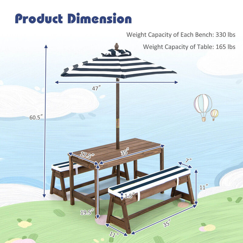 Picnic Table and Bench Set with Cushions and Height Adjustable Umbrella