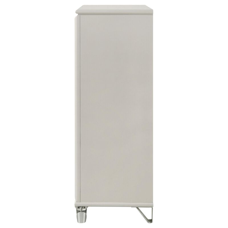 Ory Tall Dresser Chest w 5 Drawers, Chrome Star Handle, Pearl Ivory - Benzara