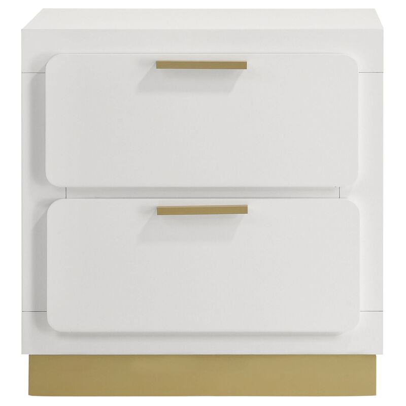 Caer Nightstand, 2 Drawers, Gold Accent Recessed Base, Bar Handles, White - Benzara
