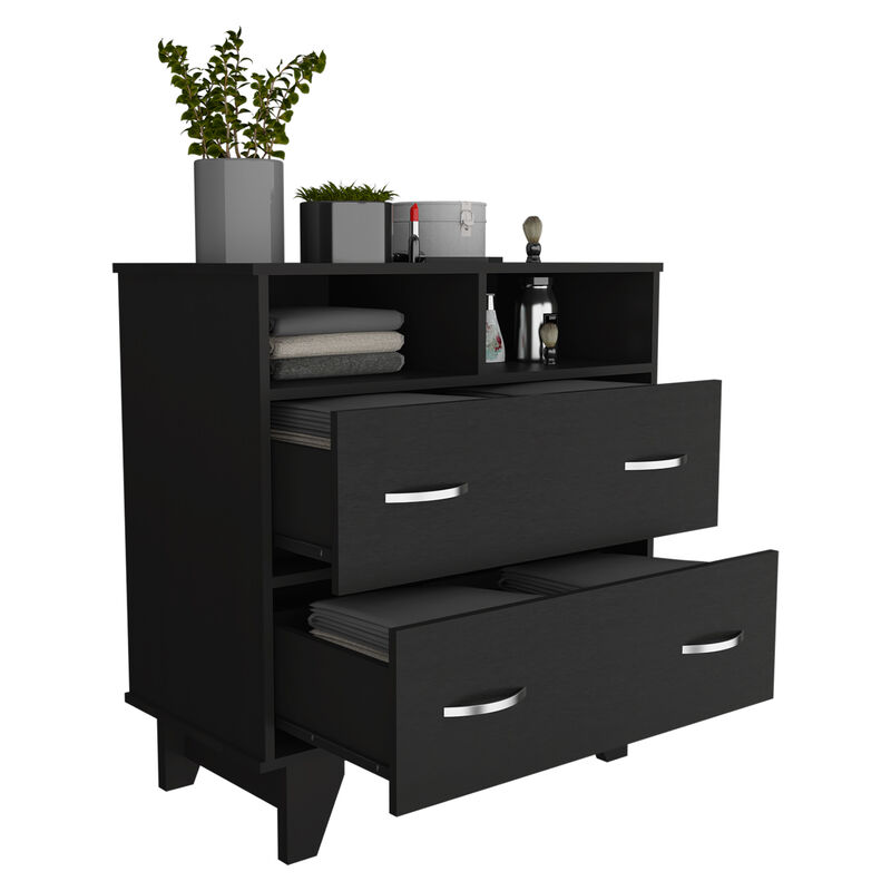 DEPOT E-SHOP Stamford Two Drawer Dresser, Four Legs, Two Open Shelves, Superior Top, Black