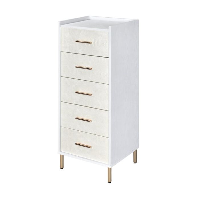 San 45 Inch 5 Drawer Jewelry Storage Chest, Gold Metal Legs, White and Gold-Benzara