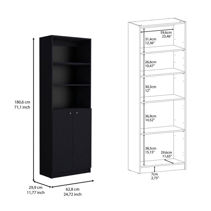 Vinton 2-Door Bookcase with Upper Shelves, Black