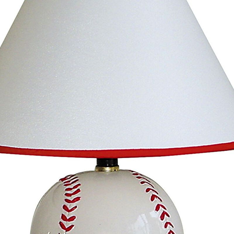 Hivvago 12" White and Red Ceramic Baseball Sports Table Lamp With White and Red Empire Shade