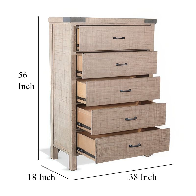 Desy Tall Dresser Chest with 5 Drawers, Light Brown Mahogany Wood - Benzara