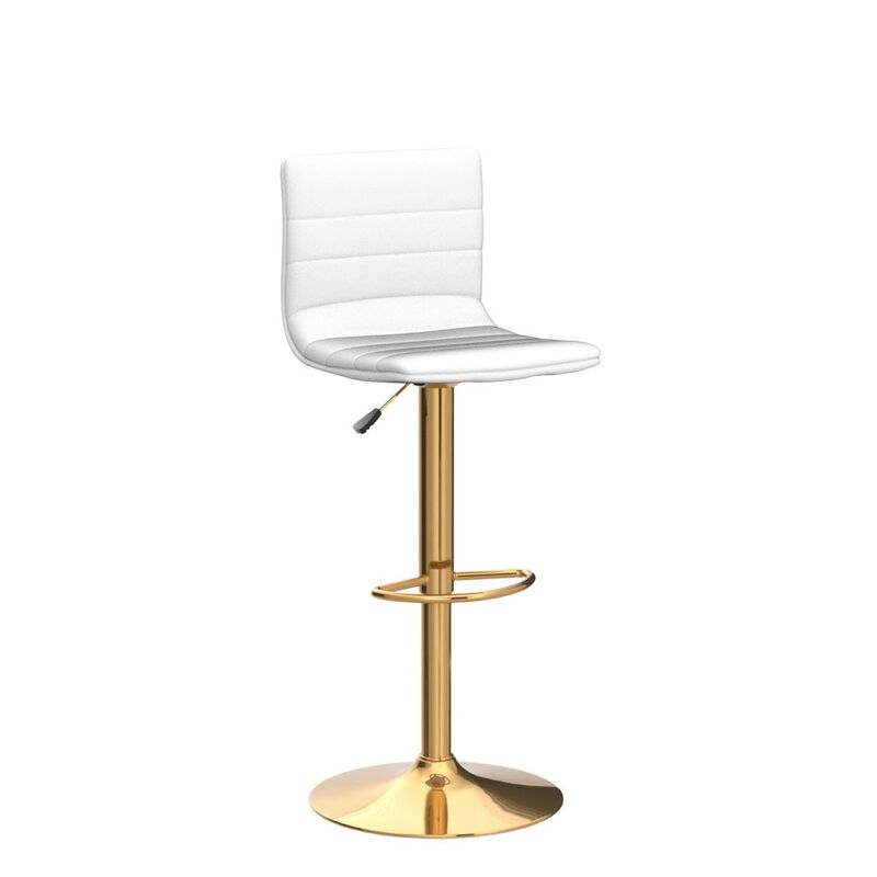 Flash Furniture Vincent Modern Vinyl Height Adjustable Bar Stools, Stylish Counter or Bar Height Swivel Stools with Footrests, Set of 2, White/Gold