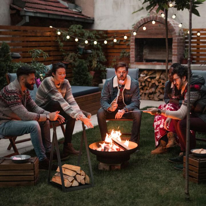 Hivvago Triangle Firewood Rack with Raised Base for Fireplace Fire Pit-Black