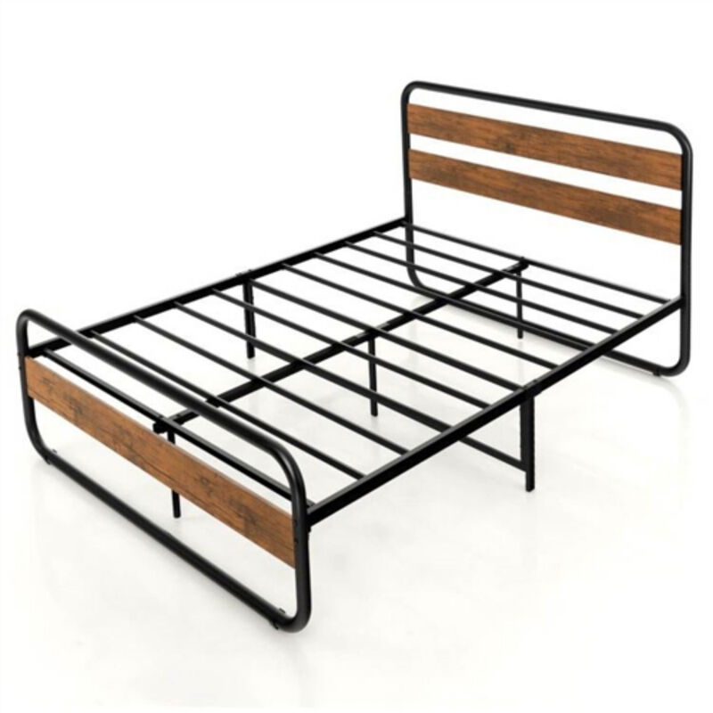 Modern Industrial Bed Frame with Metal Tube Design and Wood Headboard