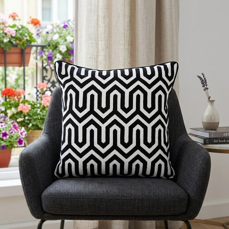 HomeRoots 20" Black Geometric Cotton Throw Pillow image number 1